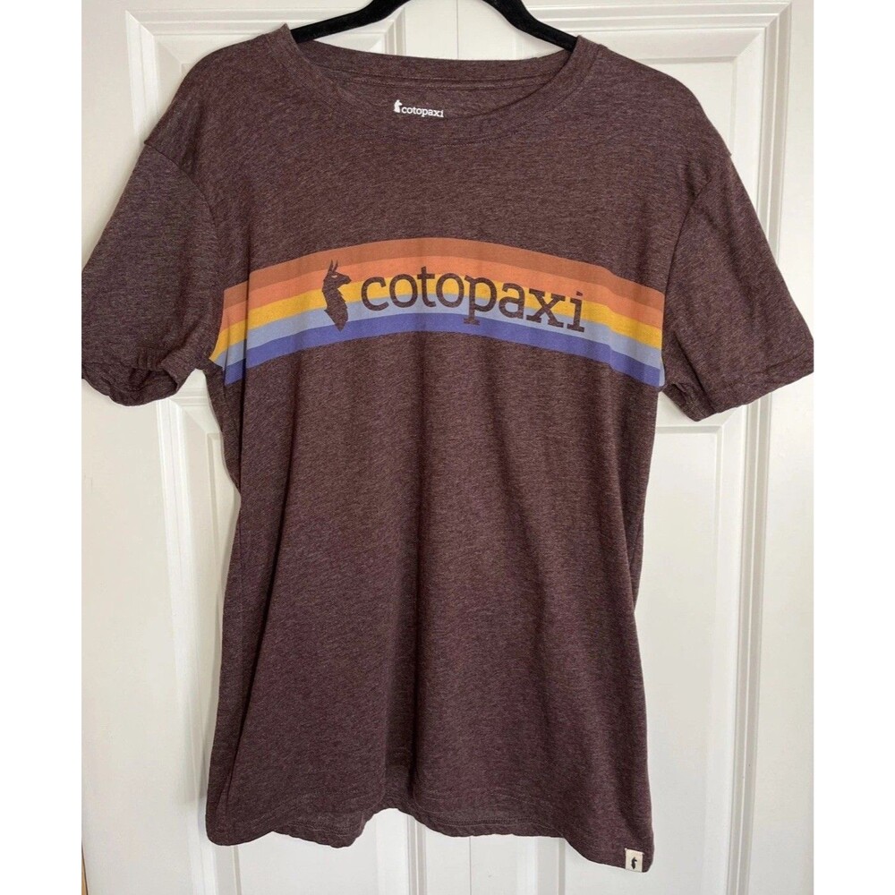Cotopaxi Womens Purple T-Shirt On The Horizon Multicolor Stripe Logo Sz Small